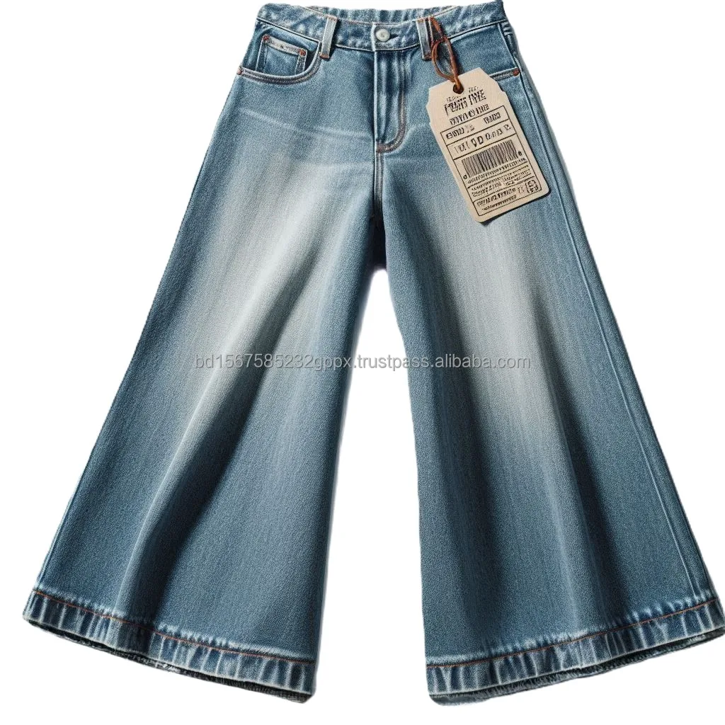 Cotton Denim Jeans Ladies Wide Leg Flared Bell-Bottom Casual Style Washable High Street Boot Cut Belt Embroidery Decoration