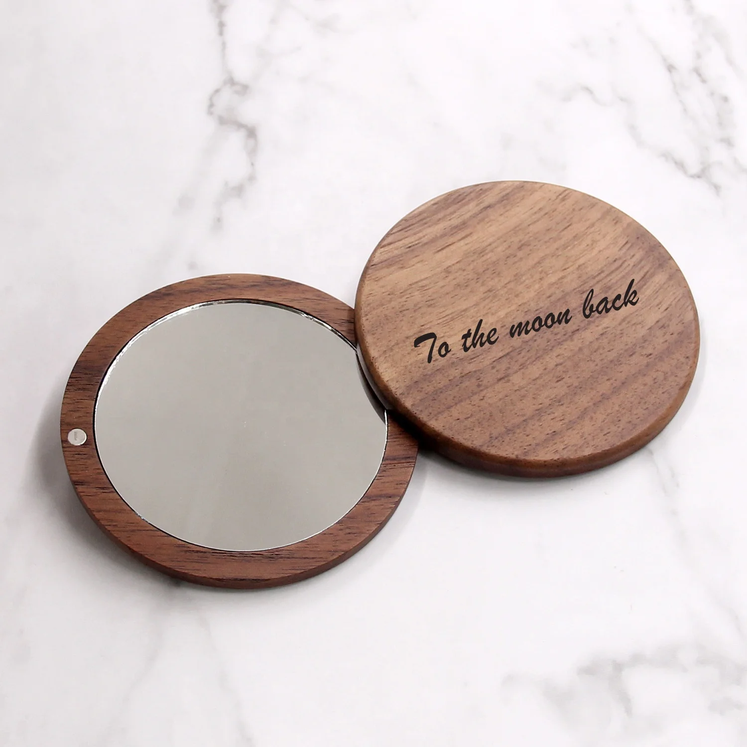 Round Walnut Wood Pocket Mirror Rotating Compact Makeup Mirror Wood Gift to Her