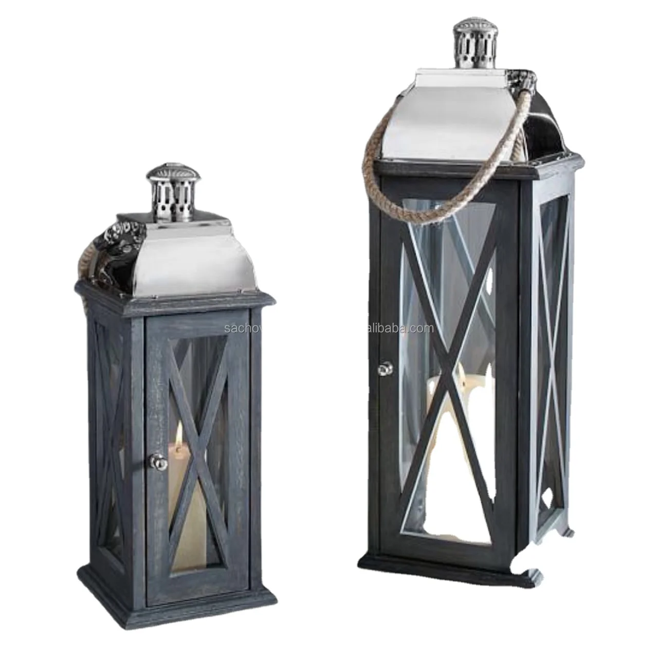 Rustic Grey Colour Wood and Metal Lantern with SS Top and Jute Rope Handle Set of 2