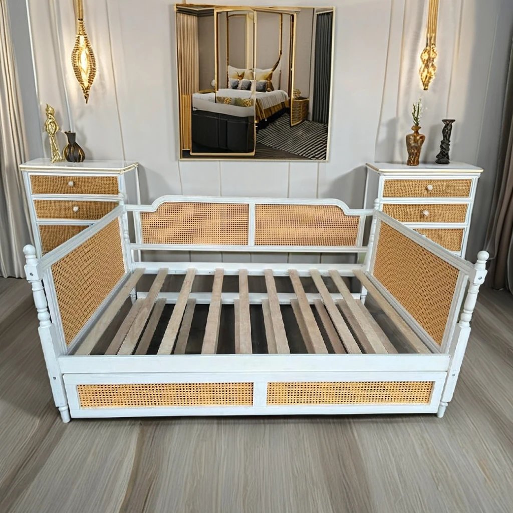 Modern Luxury Queen Wood Rattan Bed Latest Design Furniture for Hotel 24/7 Service Hardwood Vietnam Manufacturer