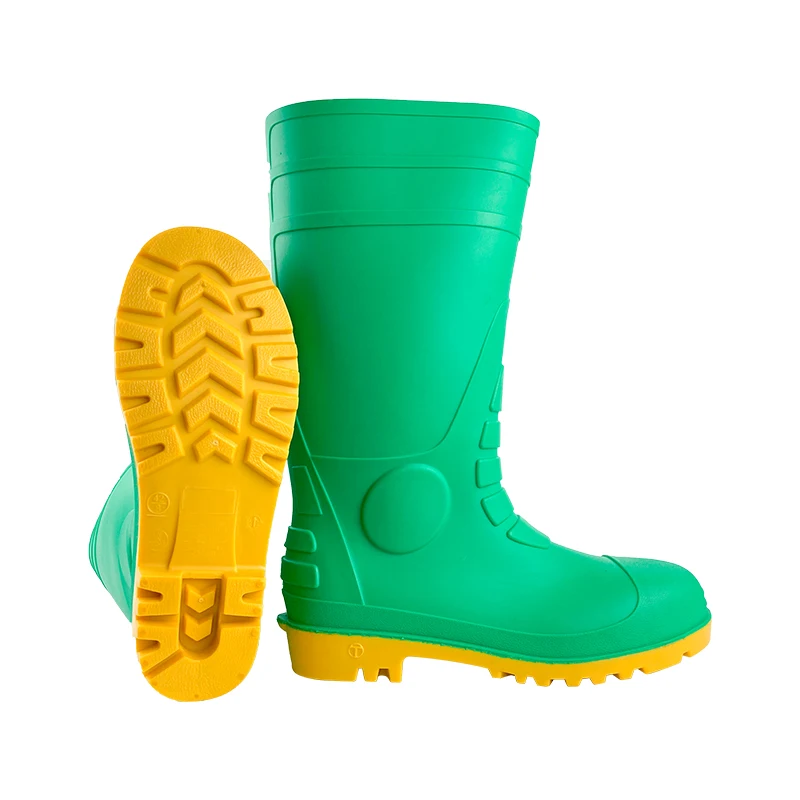 2024 America Style Safety Shoes Botas De Lluvia Chemical Industry Impact Proof Anti-Acid Steel Toe Midsole Green PVC Water Boots