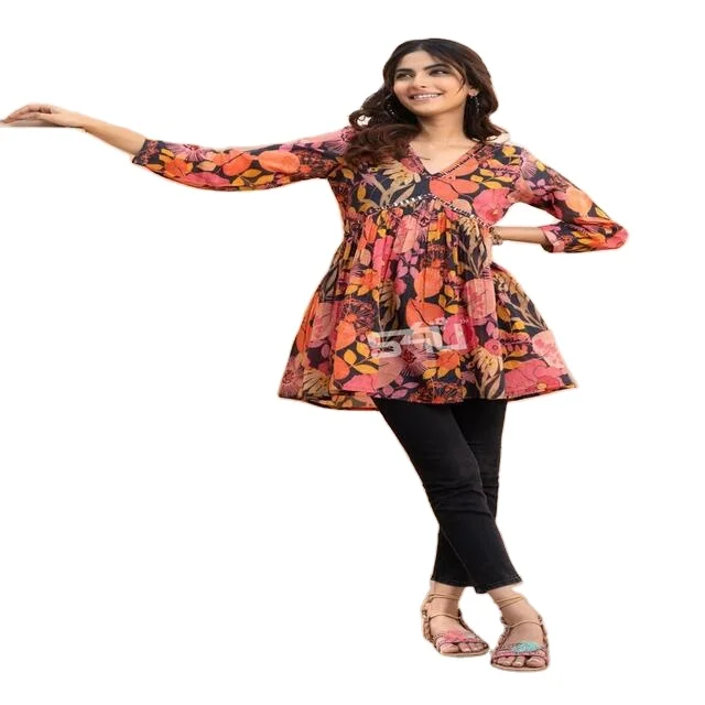 Beautiful Premium Rayon Cotton Short Tunic Tops Latest Floral Printed Design Wholesale Online Purchase Beach Occasion