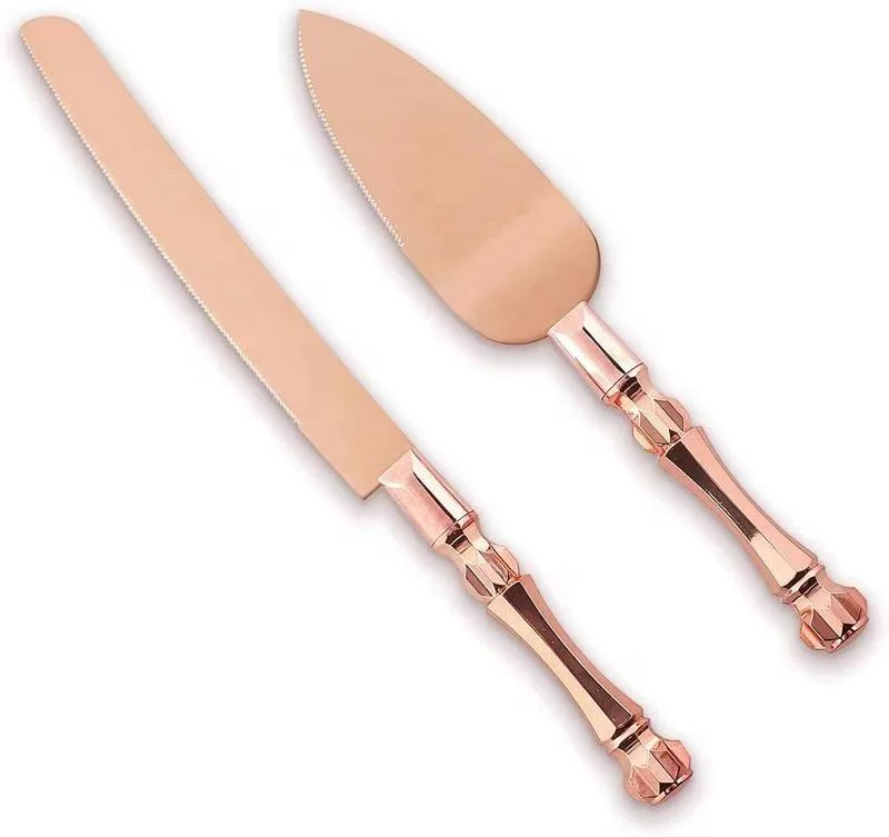 Yangjiang Factory, Luxury cake set of 2 stainless steel knife & shovel in gold color with gold PS handle wedding flatware