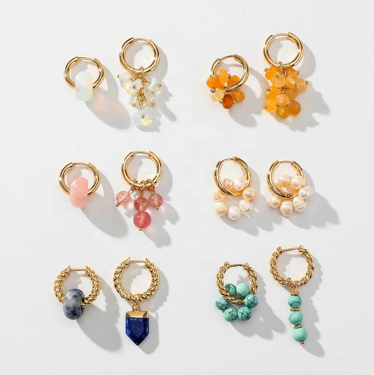 Accessories Women Permanent Jewelry Handmade Opal Huggies Hoop Earrings Brass Asymmetric Bead Earrings