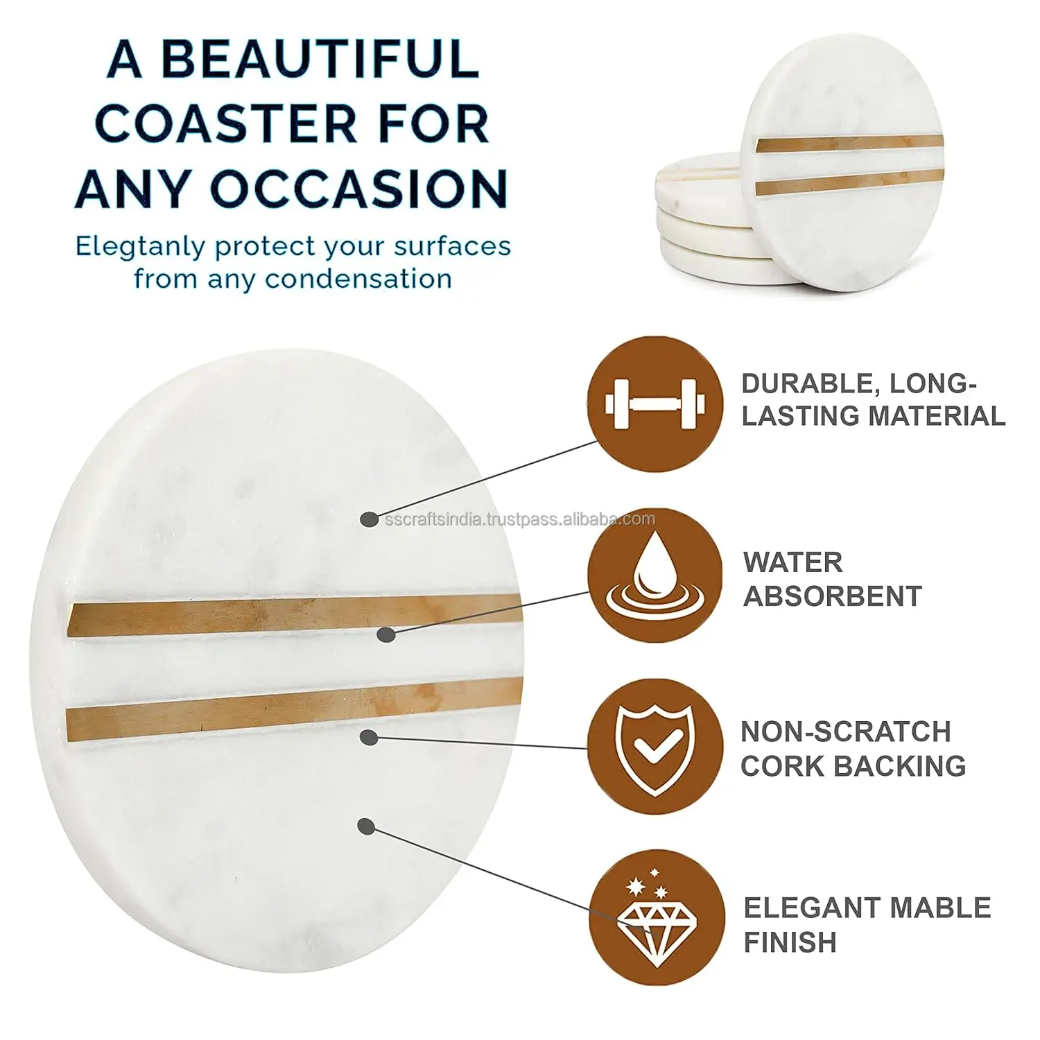 Marble Coasters Set of 4 with Brass Insert Round 10 cm X 10 cm Heat Resistant Drink Tea Coasters Natural Wood And Marble Indian