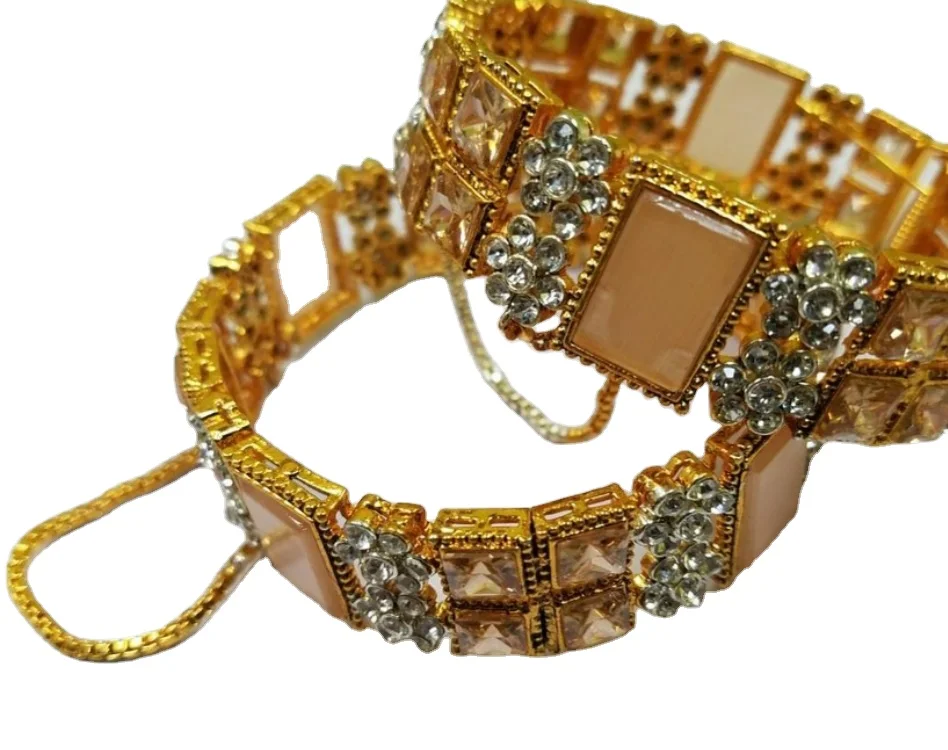 Indian Pakistani Jarao karaGold plated kara pair oxidised kangan for party wea stones kara indian bangles