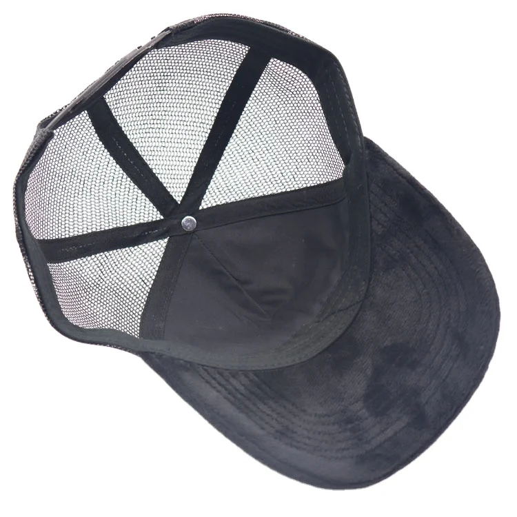 Black velvet and embroidery custom snapback full covered trucker_caps