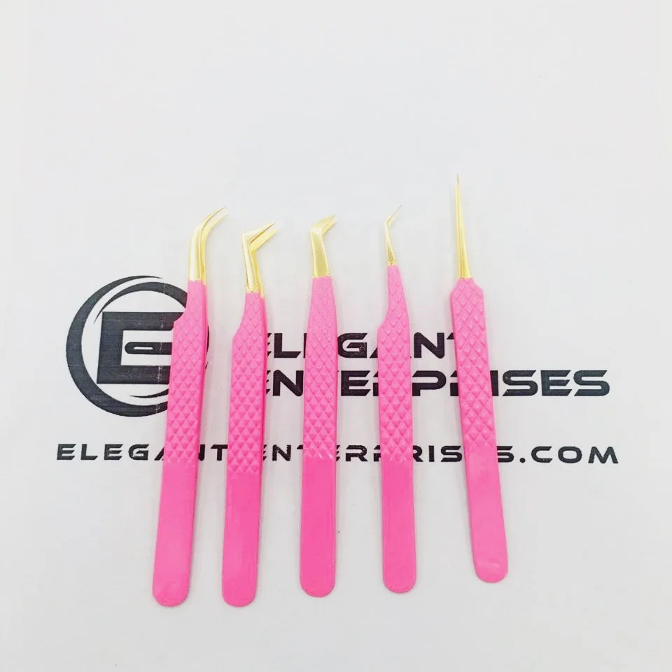 Оптовая продажа; Цвет розовый цвет Наращивание ресниц Пинцет из нержавеющей стали от частной марки алмаз сцепление золотые советы легкий вес ручной
