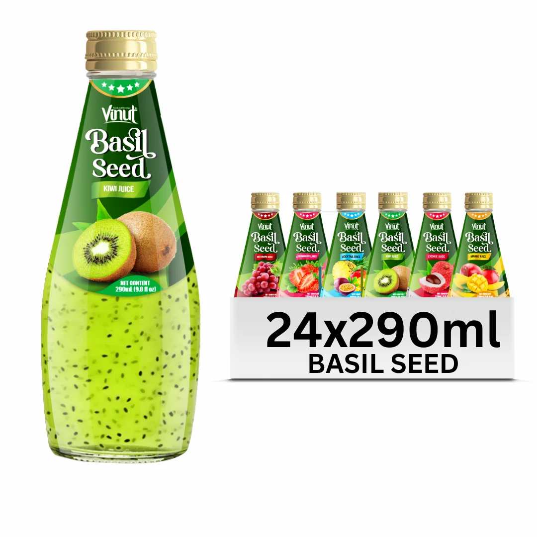 Low MOQ & Private Label 290ml Kiwi Basil Seed Drink with Chia Seeds - VINUT Vietnam, Sugar-Free, Free Sample, Factory Price