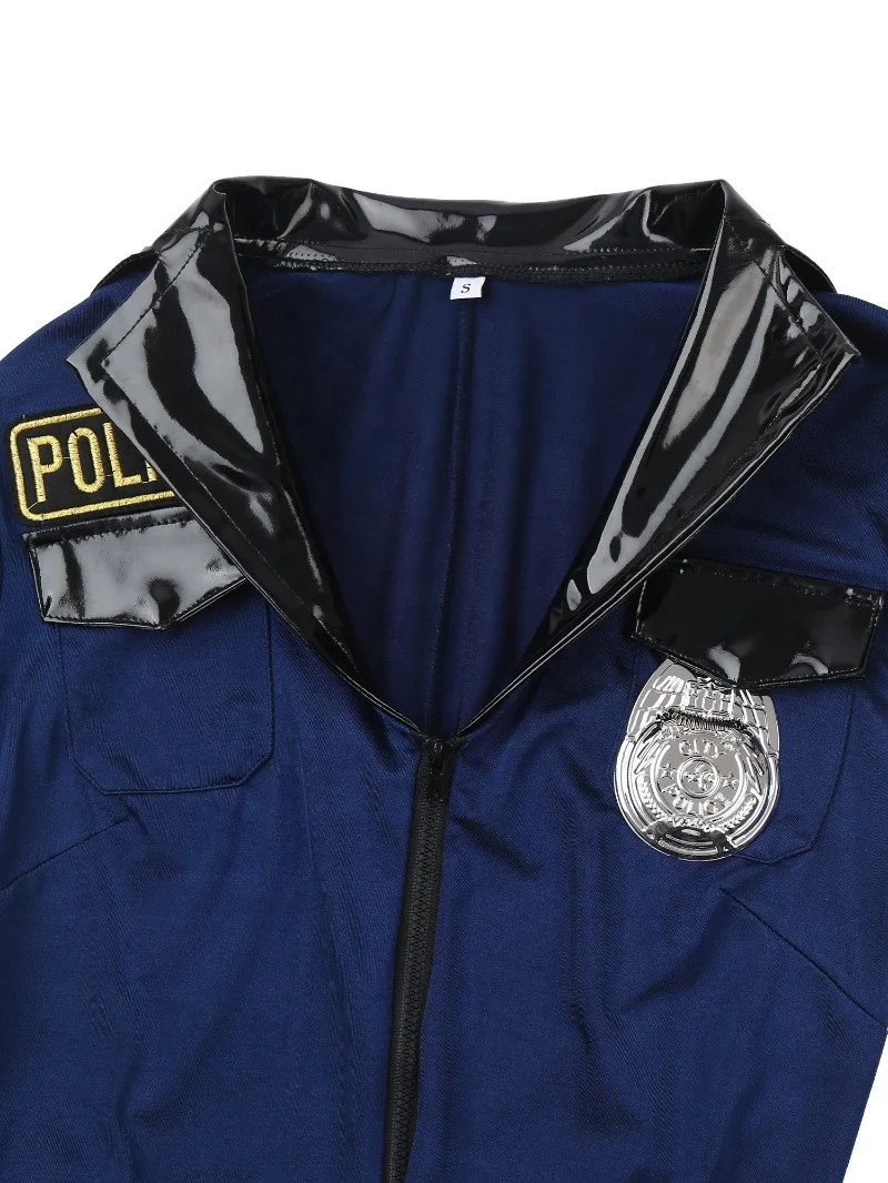 Mens Halloween Police Cosplay Costumes Jumpsuit Hat Belt Manacles Badge 7-Piece Cop Costumes Overalls Suit Party