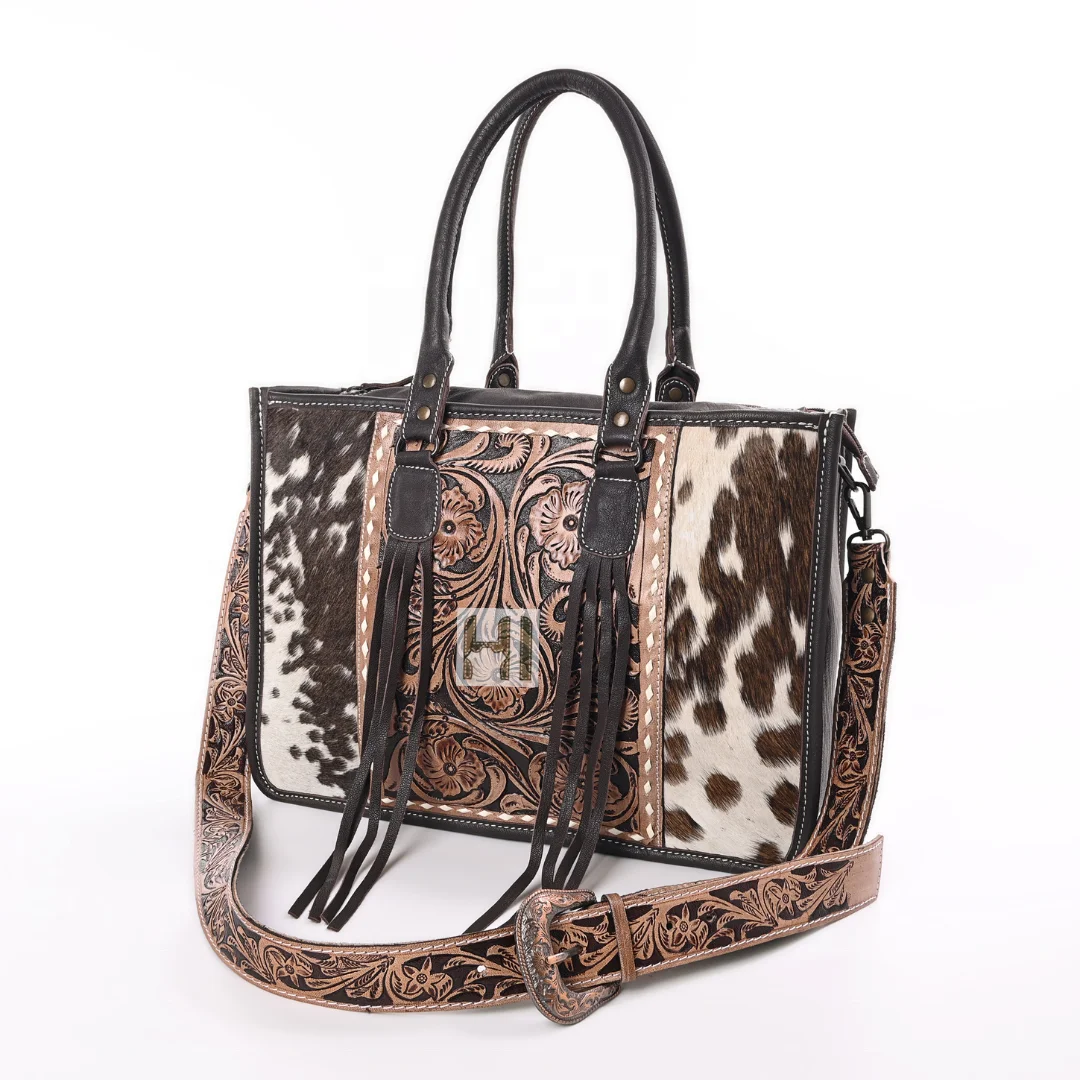 Western Fashion Cowgirl Cowhide Tote Bag with Suede Fringes Hairon Tooled Leather Women Purse for events parties shopping OEM