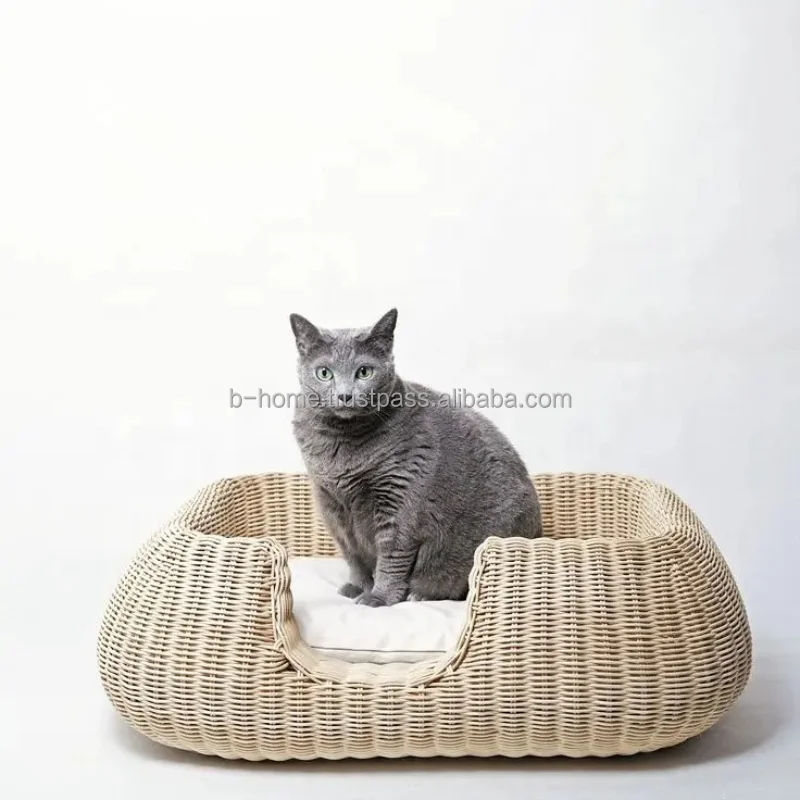 Wholesale Natural Rattan Pet Bed from Vietnam Hand Woven in Blue and Pink Breathable Wicker Material Direct Buy