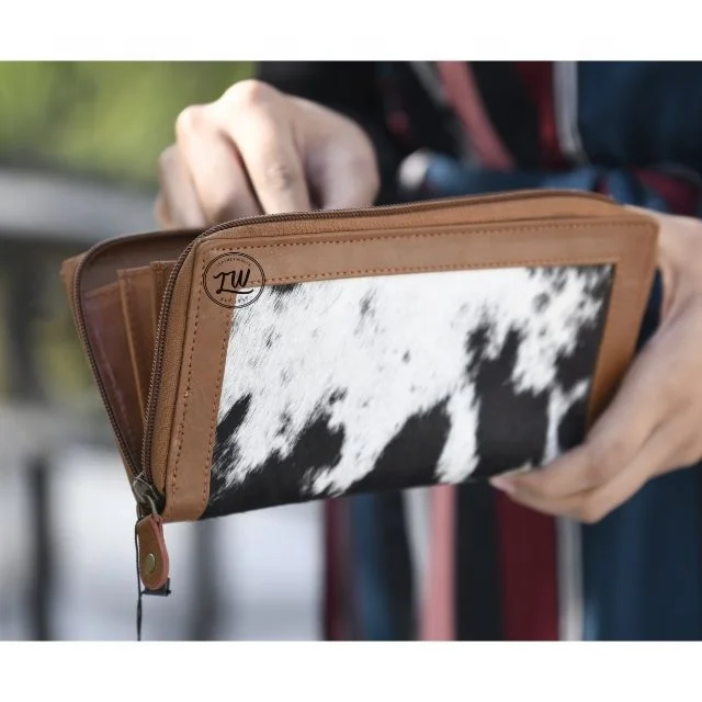 LW High Quality Handmade Cowhide Leather Clutch Hair On Purse Wallet Women Clutch Stylish Clutch
