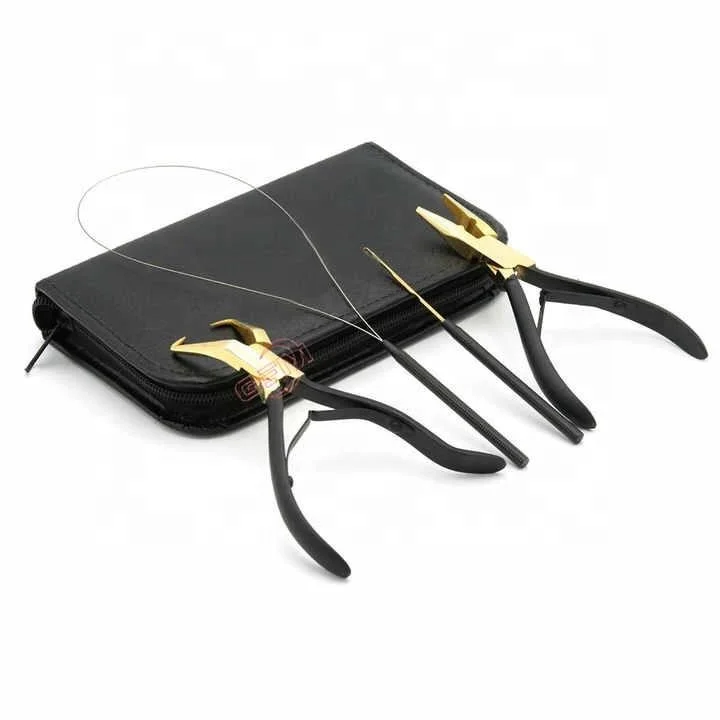 Hair Extension Removal & Fitting Pliers Tool Kit With Crochet  Loop & Pulling Needles Kit Black and Gold Stainless Steel