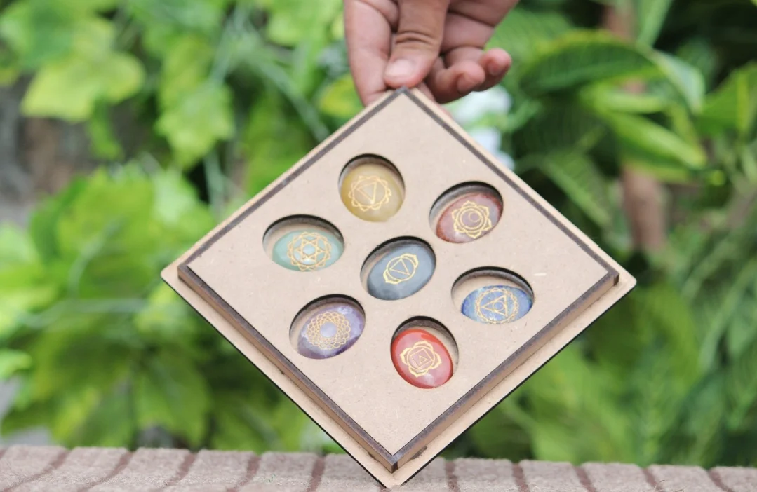 Natural Gemstone Engraved Palm Healing Stone Shape Crystal Seven Chakra Palm Set With Box From Exis Crystal Exports
