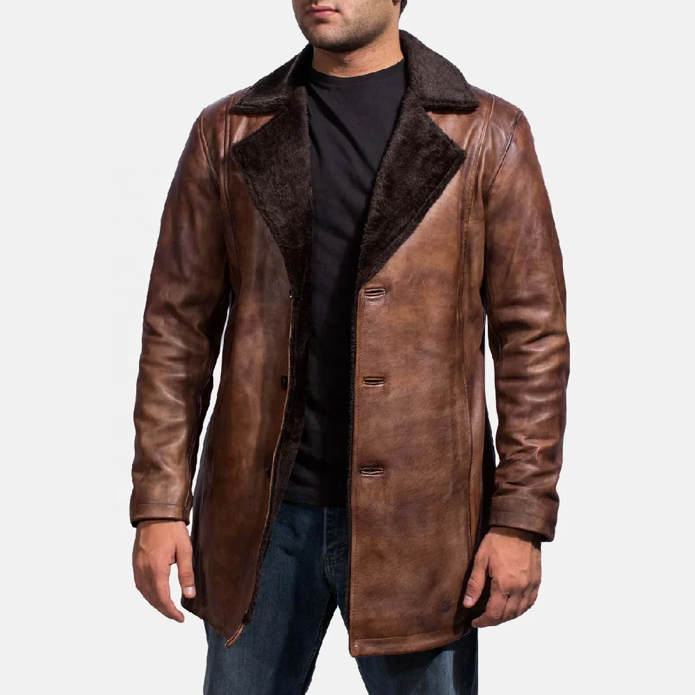 Men Winter Premium Fashionable Brown Fur Long Coat Custom Shearling Design Hand Buffed Soft Sheepskin Genuine Distressed Leather