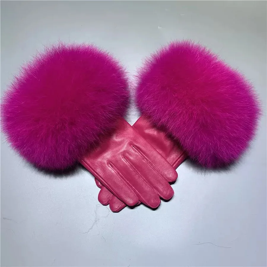 Wholesale Fashion girls Leather Gloves multi Driving/Dressing Touchscreen Lambskin Winter fur Gloves