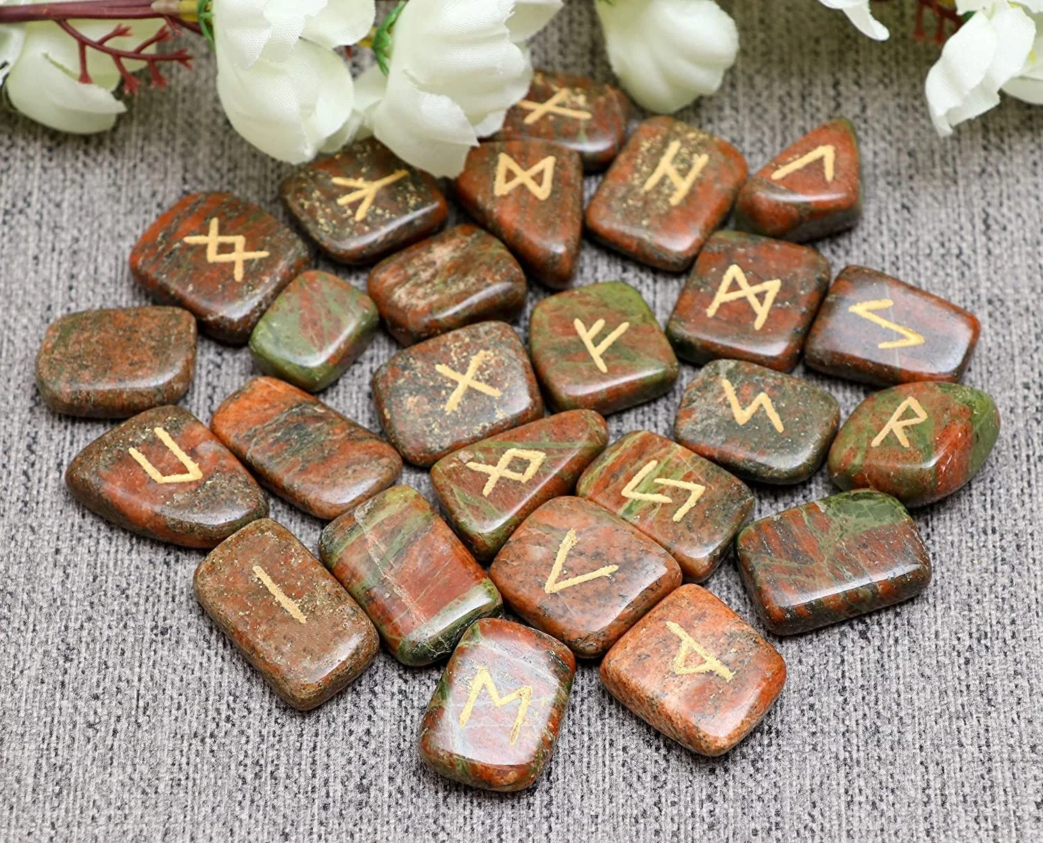 Набор рунических камней Unakite с гравировкой старый Futhark Рунический алфавит языческая надпись руны викингов
