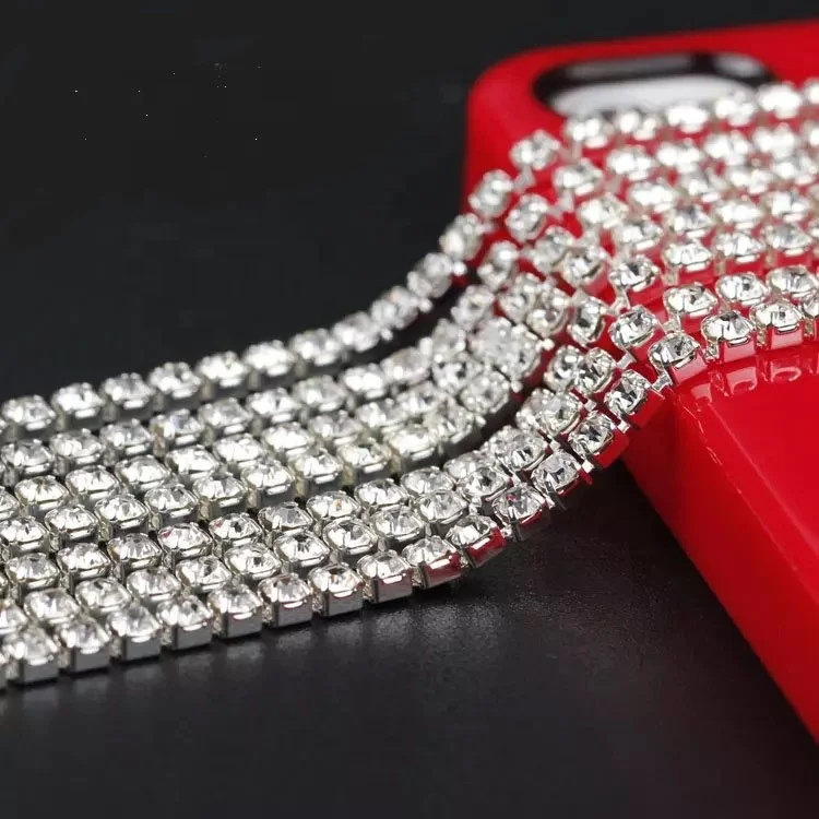 White Single row Double Row Three rows Wide and Dense Glass Crystal Rhinestone Cup Chain With Silver Base