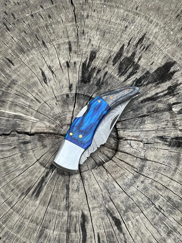 New Custom Handmade Damascus Steel Blade Back Lock Mechanism Folding Pocket Knife With Leather Case