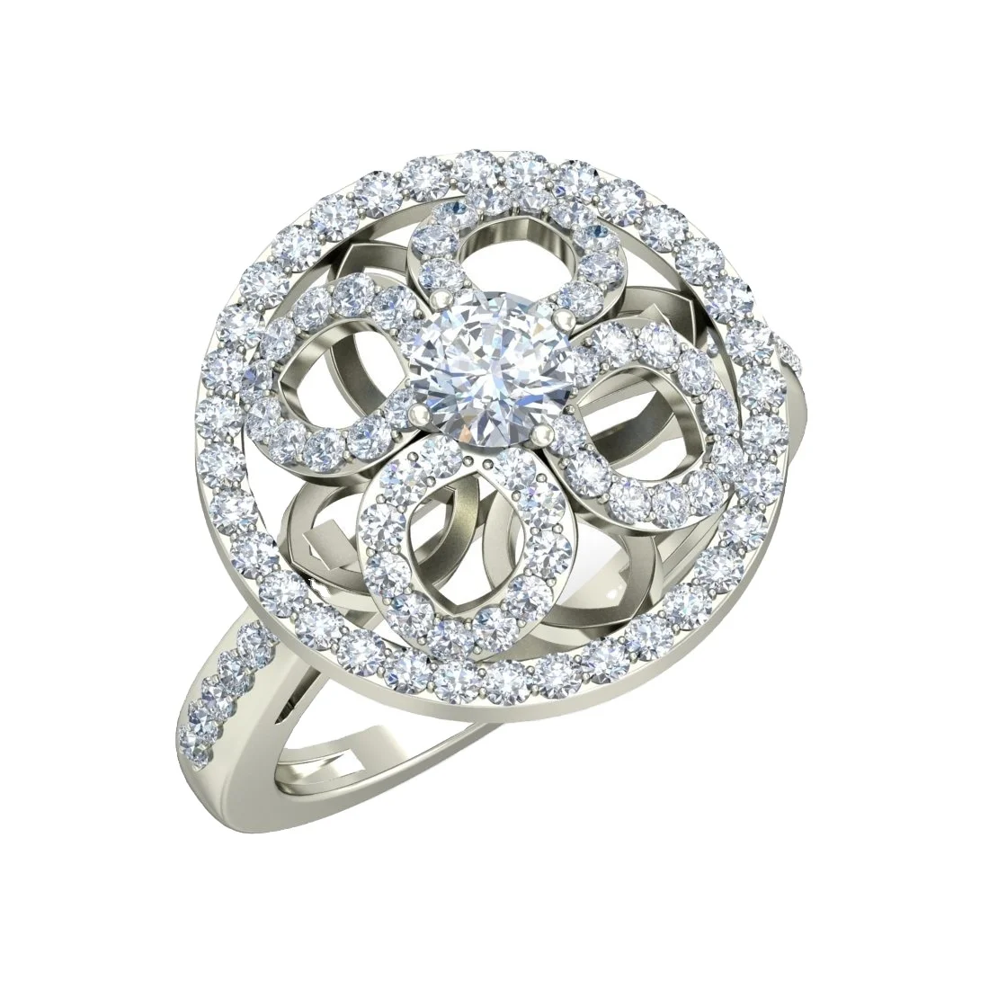 Brilliant Diamond Cocktail Ring Custom Floral Design Solitaire Lab Diamond Wedding Ring available in 14 White Gold  for Bride