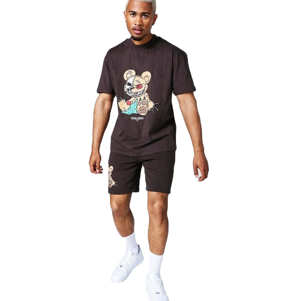 
Top high quality best selling Hot new Custom Chocolate brown Oversized Teddy Rhinestone Tee & Short Set 