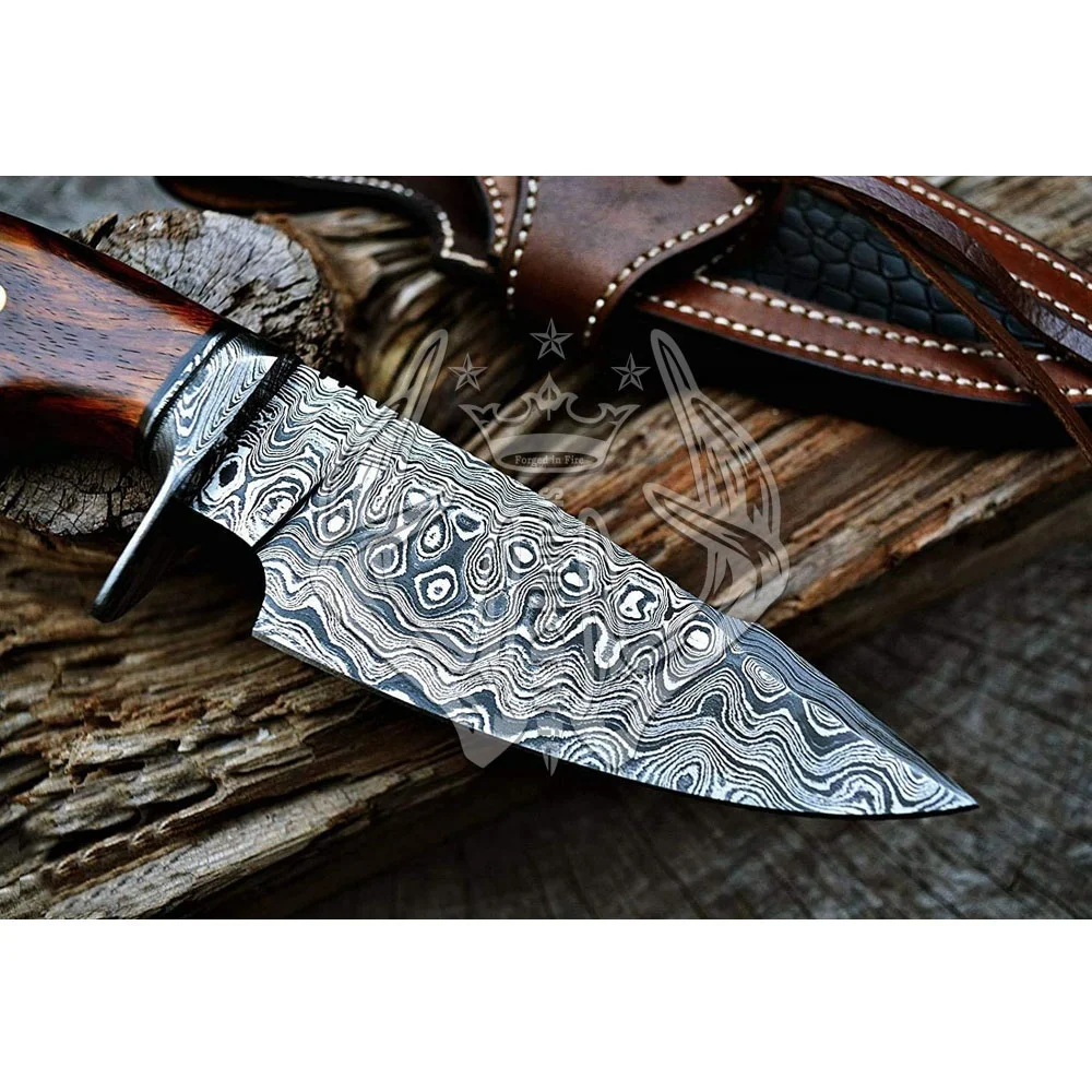 Beautiful Custom Handmade Damascus Steel Fixed Sharp Blade Hunting Bowie Camping Knife Gift For Him Handle Natural Rose Wood
