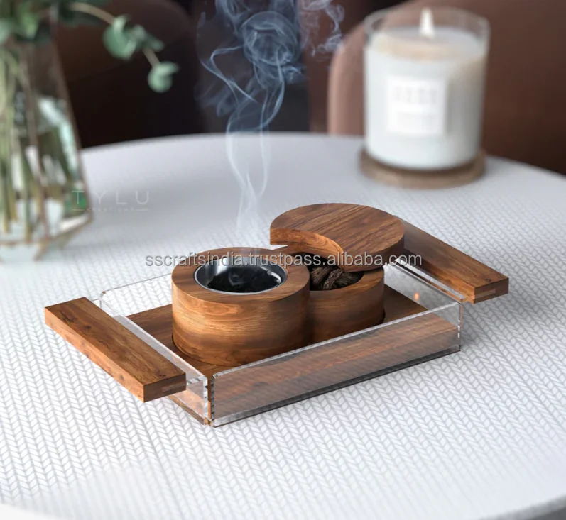 Luxury Bakhoor burner Madkhan Tray Set fragrance holder Arabic Incense Wholesale Fancy Arabic Wooden Incense Burner From India