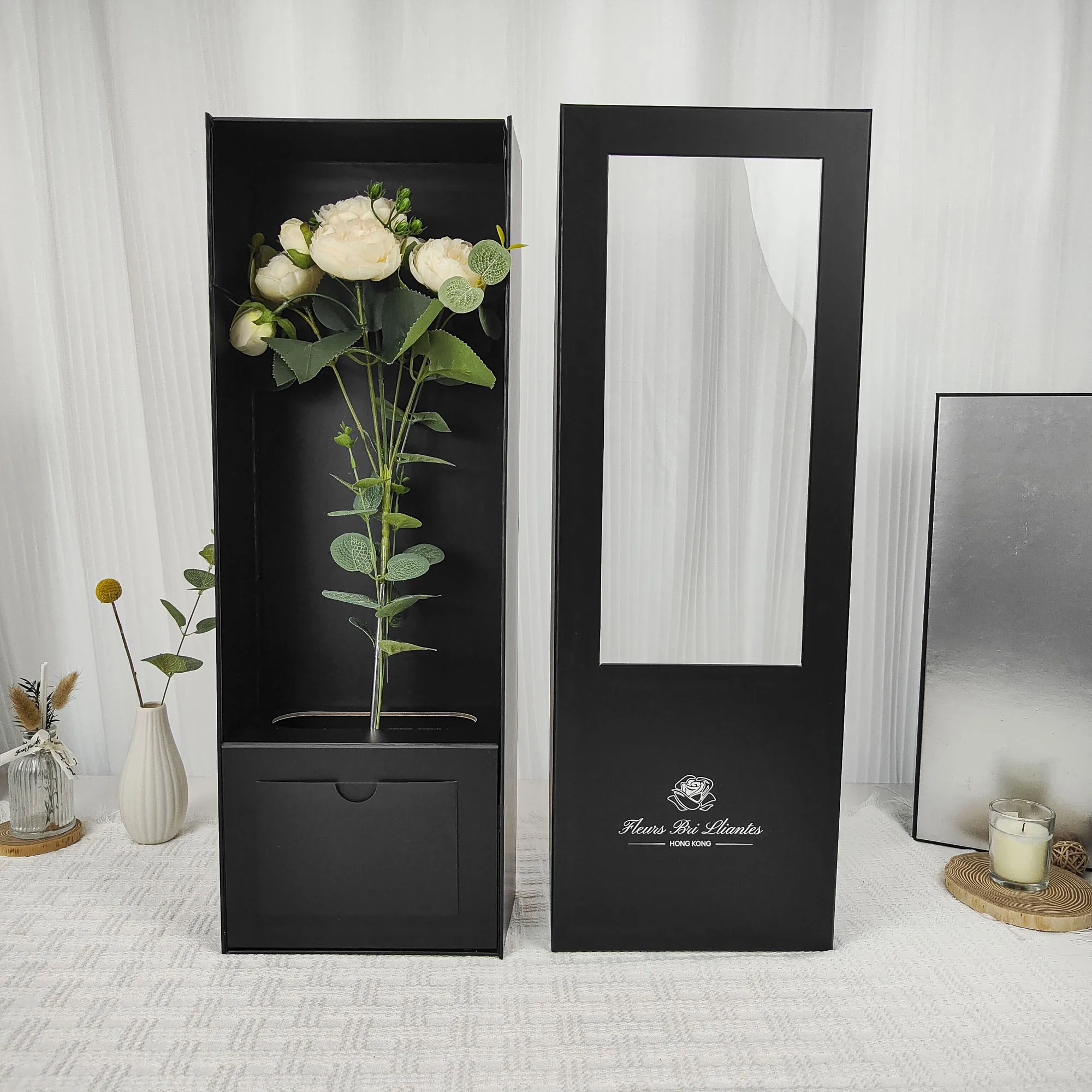 Stylish Magnetic Bouquet Handmade Hard Cardboard Flower Box With Clear Window For Dad Gift