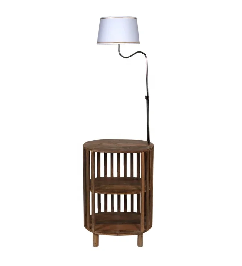 Best Quality White Color Fabric Shade Iron Floor Lamp With Wooden Basket Shelf .