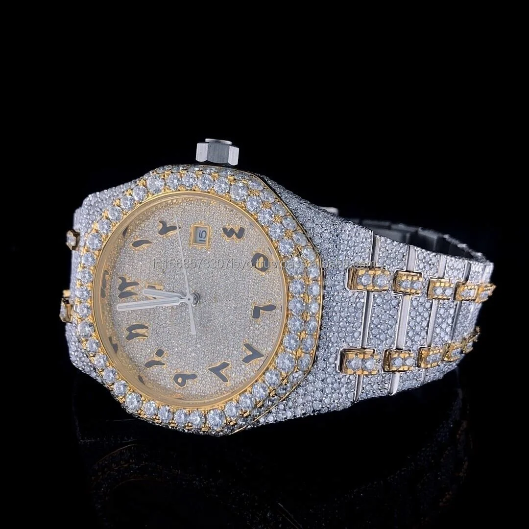 Trending buss down Diamond Watch High Quality Iced Out VVS Clarity Moissanite Diamond Studded Gold and silver tone diamond watch