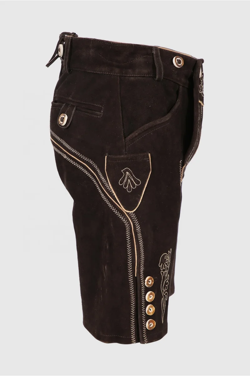 Bavarian Lederhosen Custom OEM Design Short Length Men Lederhosen In Cow-Hide Suede Leather Made Dark Brown Color Lederhosen