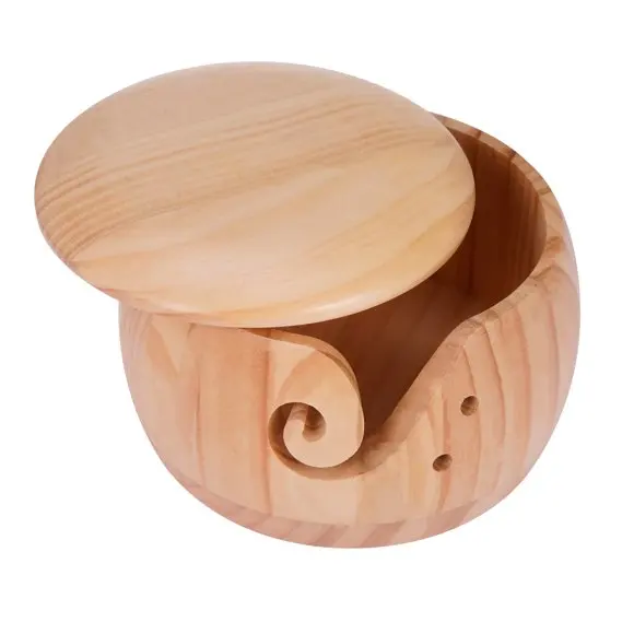 Low Cost Hand-Carved Wooden Yarn Bowl Brown Polished Mordent Design for Home Use and Needle Holder Storage