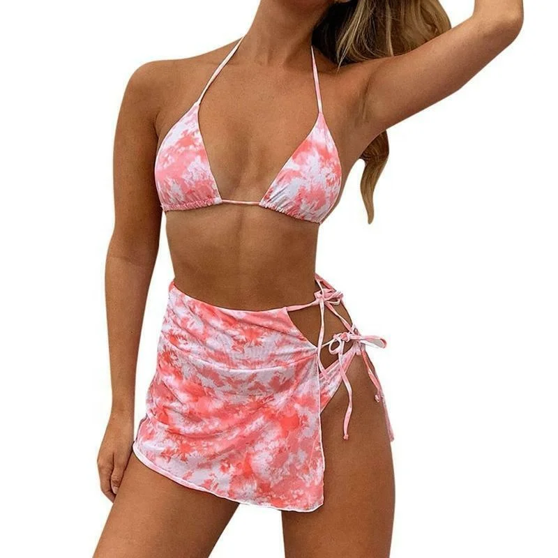 Women Sexy Tie-Dye 3pcs Bikini Set Green  Halter Triangle Swimsuit with Sarong Skirt Wholesale Multicolor Tie-Dye Bikini Set