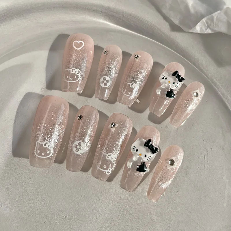 2024 новая одежда ручной работы доспехи hello Kitty милые розовые студенческие накладные ногти патч съемный маникюр