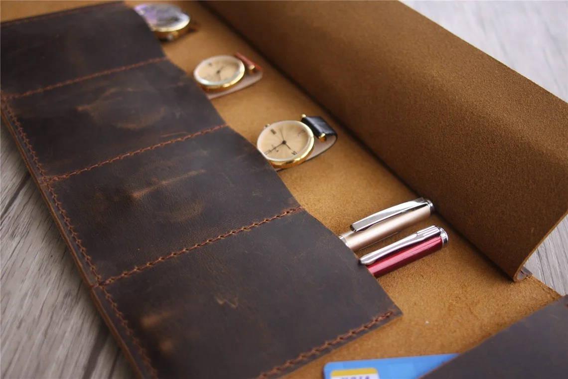 Engraved Leather Watch Case Roll Men Women Travel Organizer Genuine Leather Watch Roll Case Luxury Travel Watch Roll 4 Slots