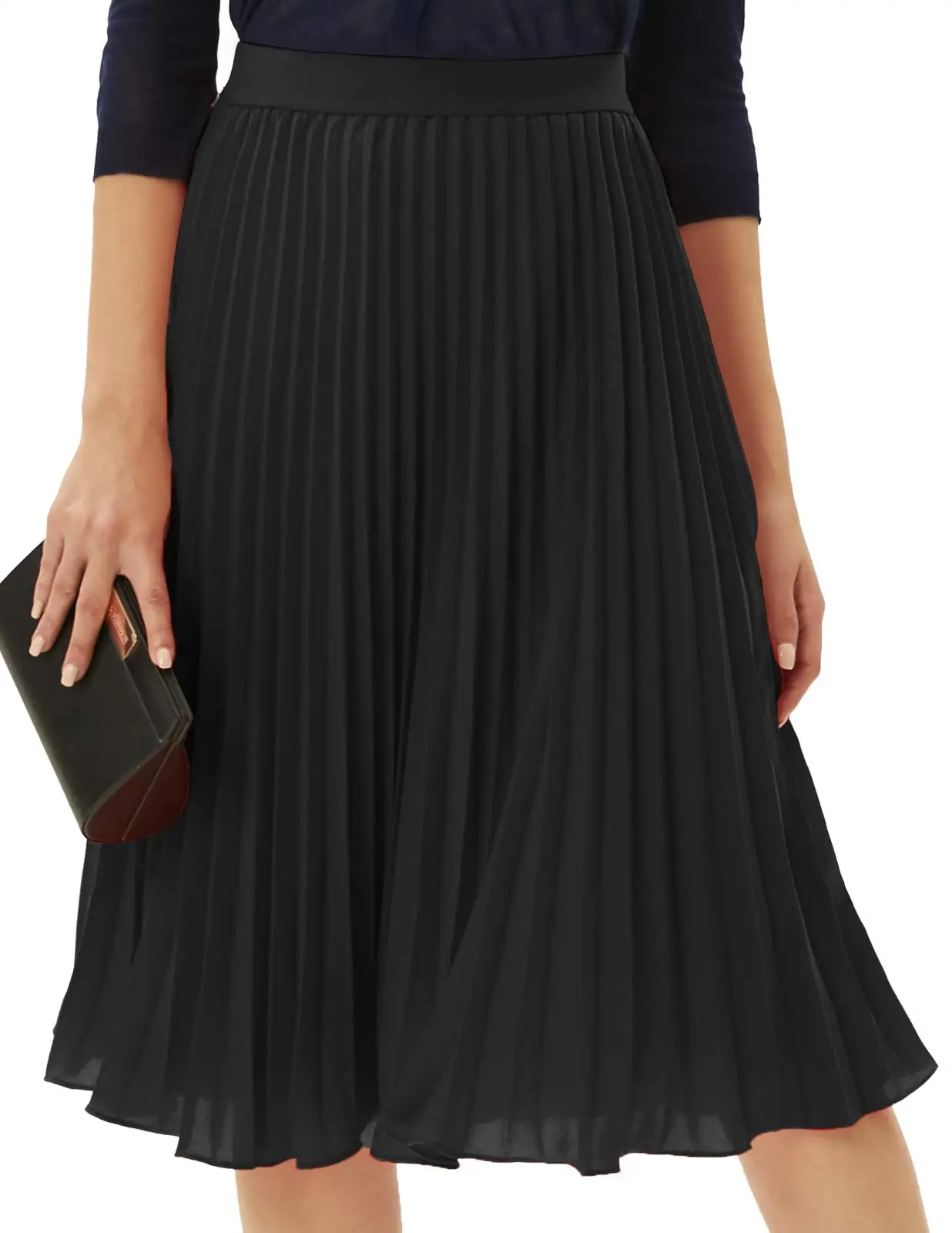 Women High Elastic Waist Pleated Chiffon Skirt Midi Swing A-line Skirts
