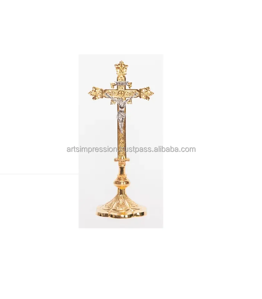 meta brass stylish church cross with candle bowl high quality home decor metal Christian church art metal hanging church cross