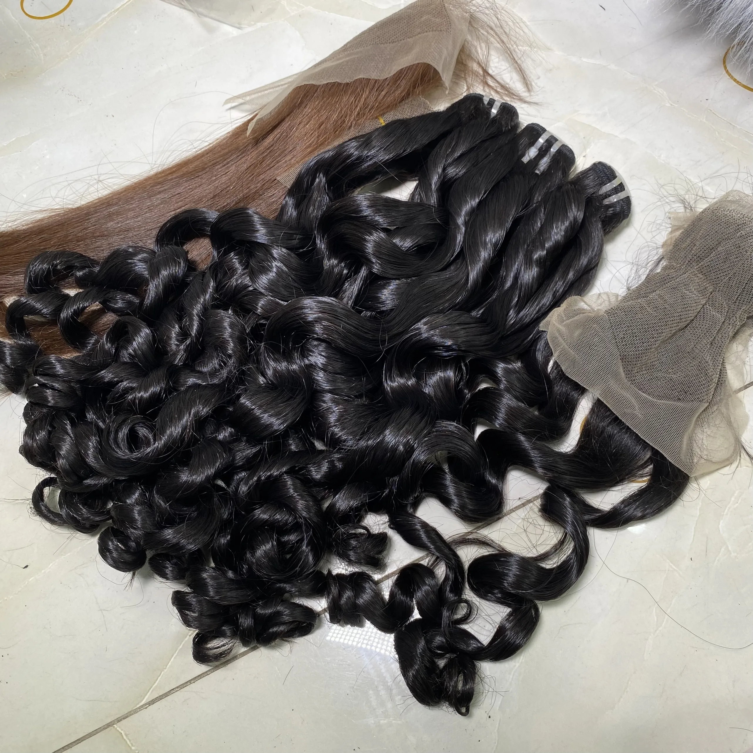 Super Double Drawn Ocean Wavy Bundle Weft With Matching Lace Closure Already Made Wig Azhair Vietnam Company