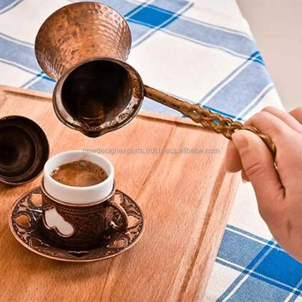 Handmade Turkish Coffee Maker, Greek Arabic Coffee Pot, Ottoman Hammered Copper Cezve with Brass Handle