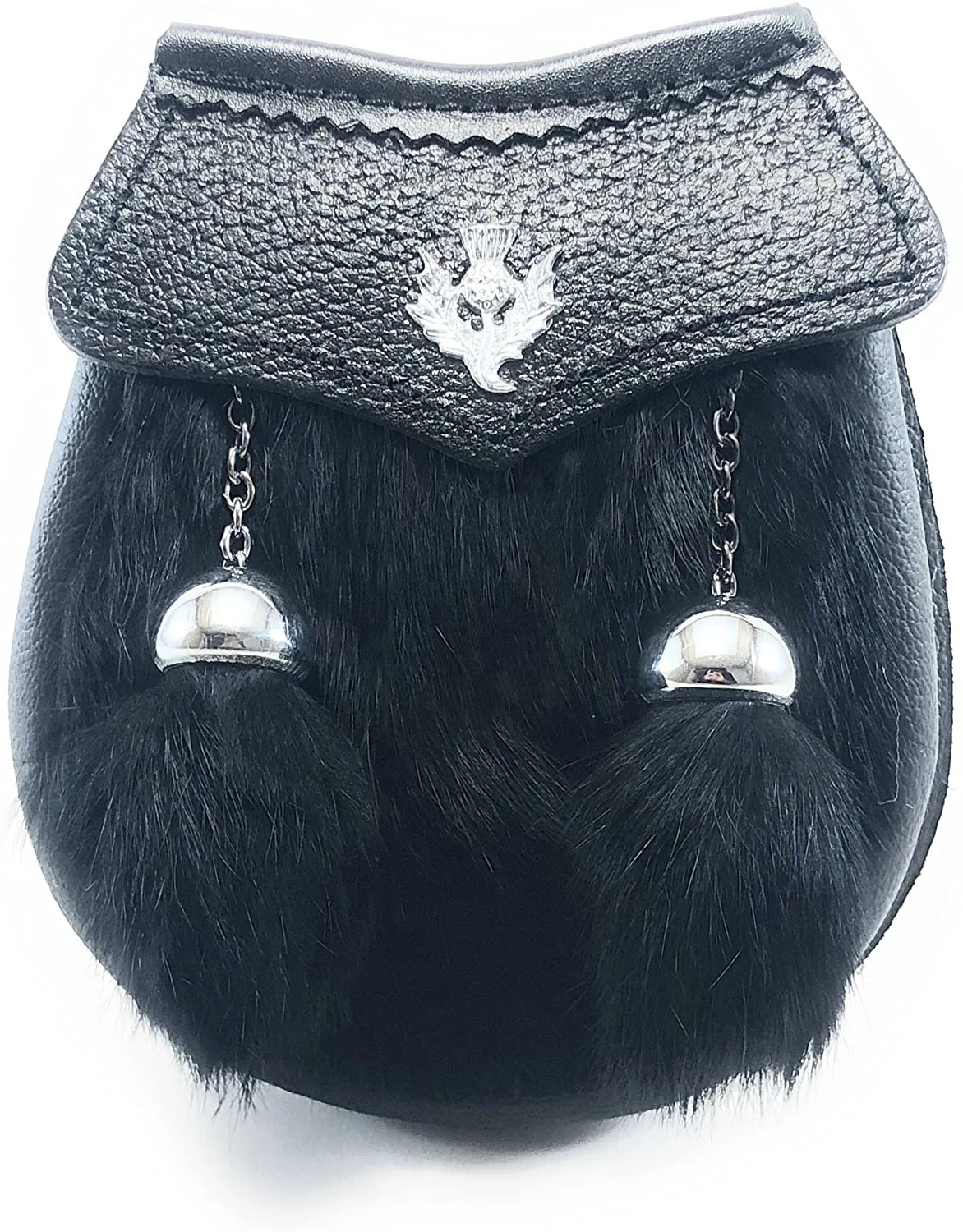 
White Genuine Fur Baby/Kids Kilt Sporran With Chrome Thistle Badge And Two Tassels 