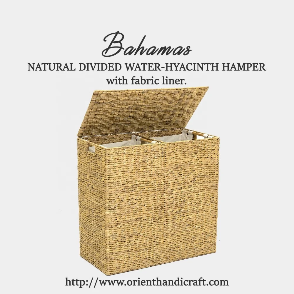 BAHAMAS Wholesale Natural Divided Water-hyacinth Double Laundry Hamper With Lid For Bathroom