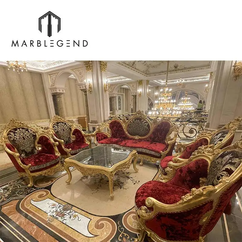 living room flannelette fabric red sofa set furniture solid wood carved luxury classic sofa