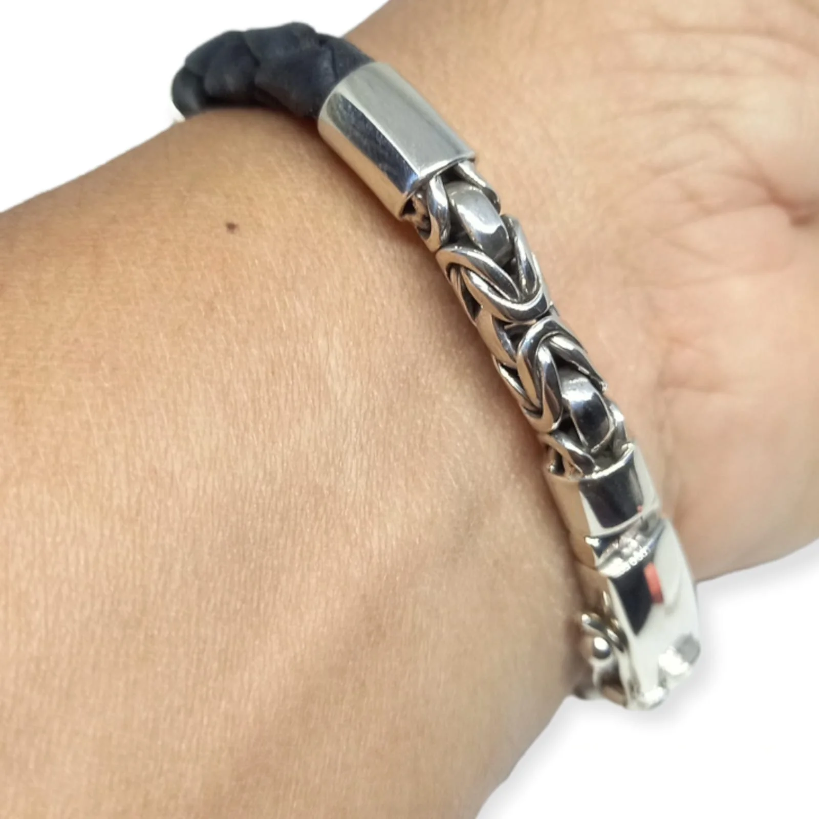 NY-CHB057-Sterling Silver Chain And Braided Leather Combo Bracelet Biker Accessories For Daily Use Gift For Men And Women