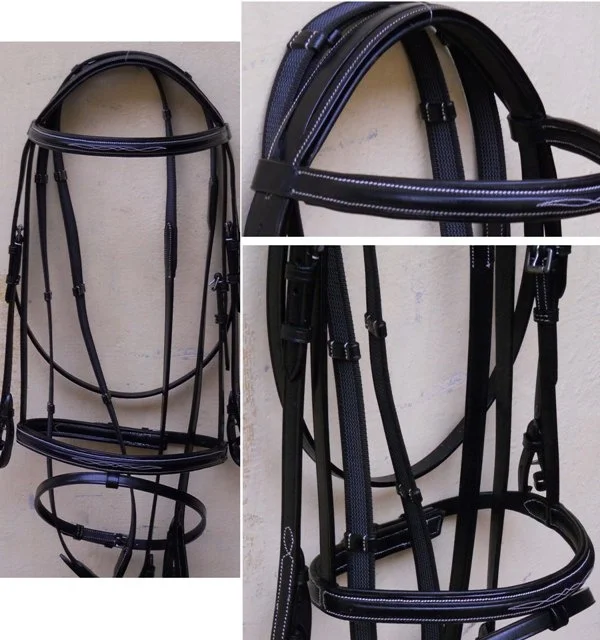 HORSE LEATHER SHOW BRIDLE FANCY WHITE STITCHING  SOFTY PADDED ON BROBAND & NOSEBAND WITH WEB REIN