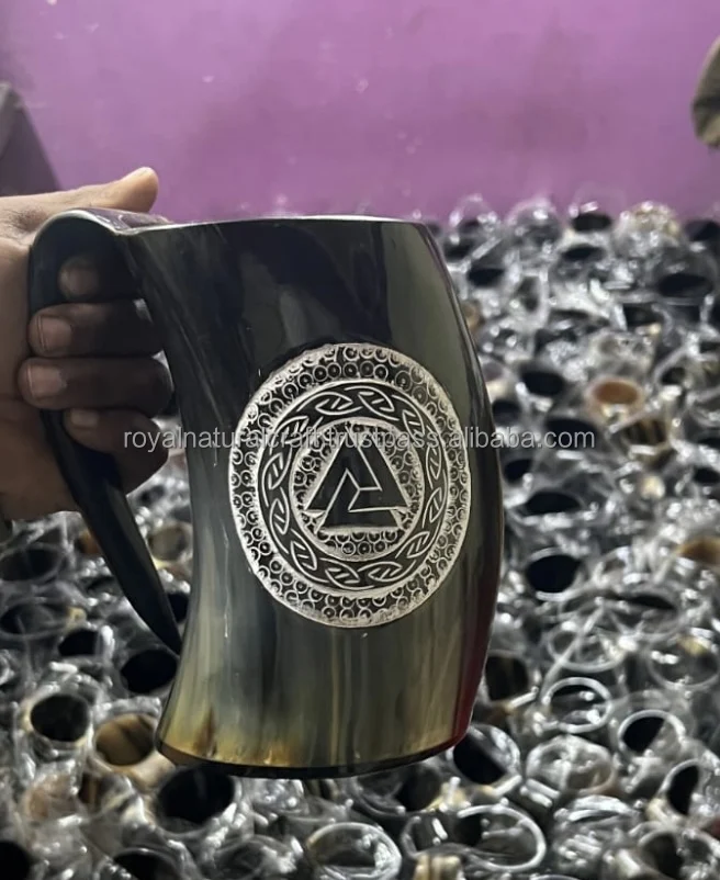 Viking carved Natural Polished drinking horn Mug made with premium quality horn available for sale