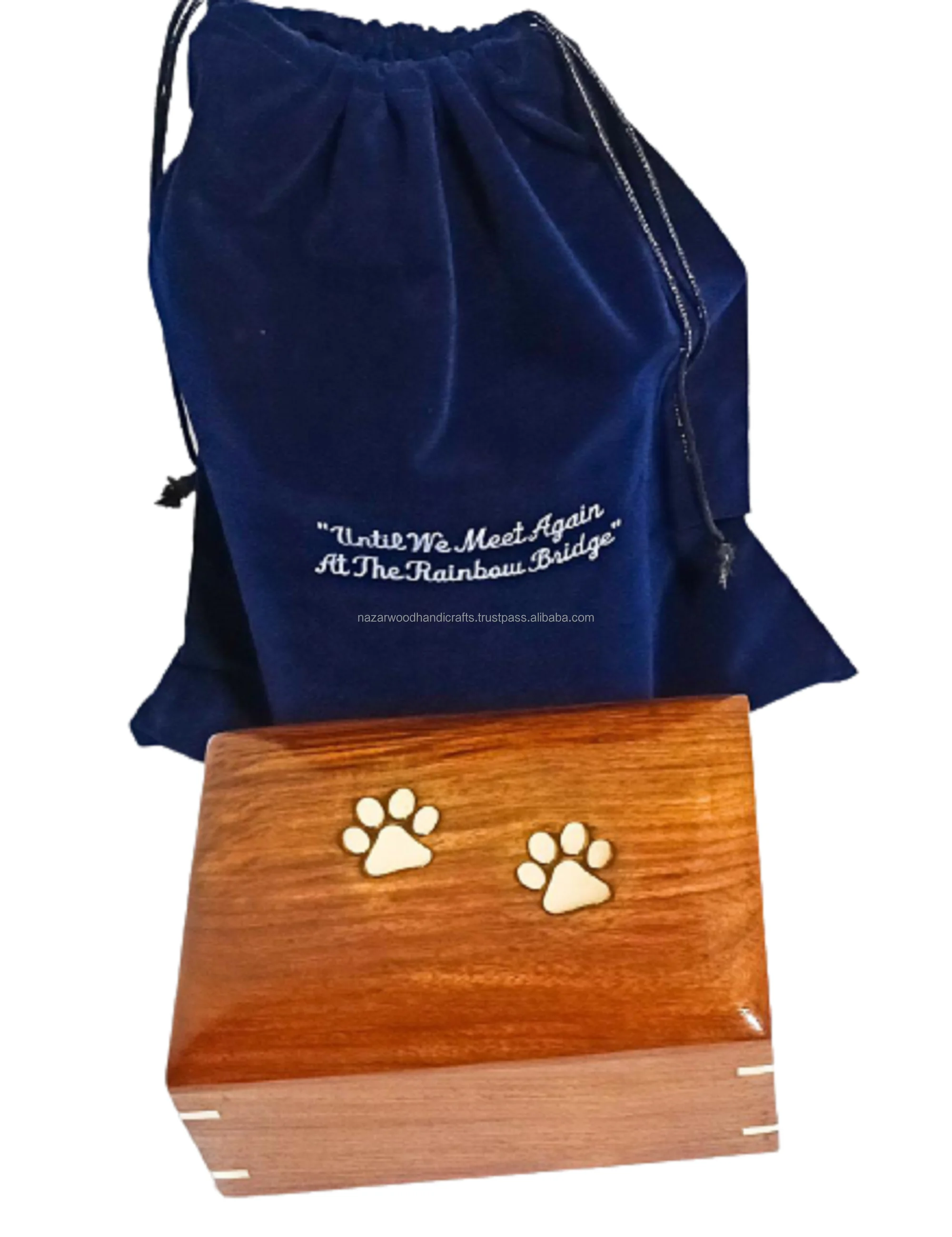 Hot selling mango wooden handmade pet cremation urn for funeral supply urn pet casket pet coffin with velvet beg