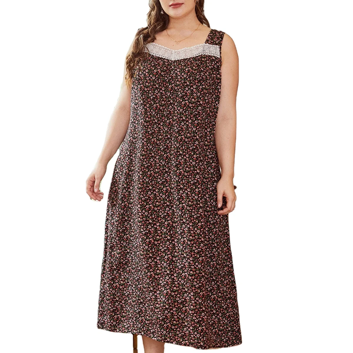 Свободная длинная Удобная Пижама мягкая кружевная ночная рубашка без рукавов с цветочным принтом для полных женщин