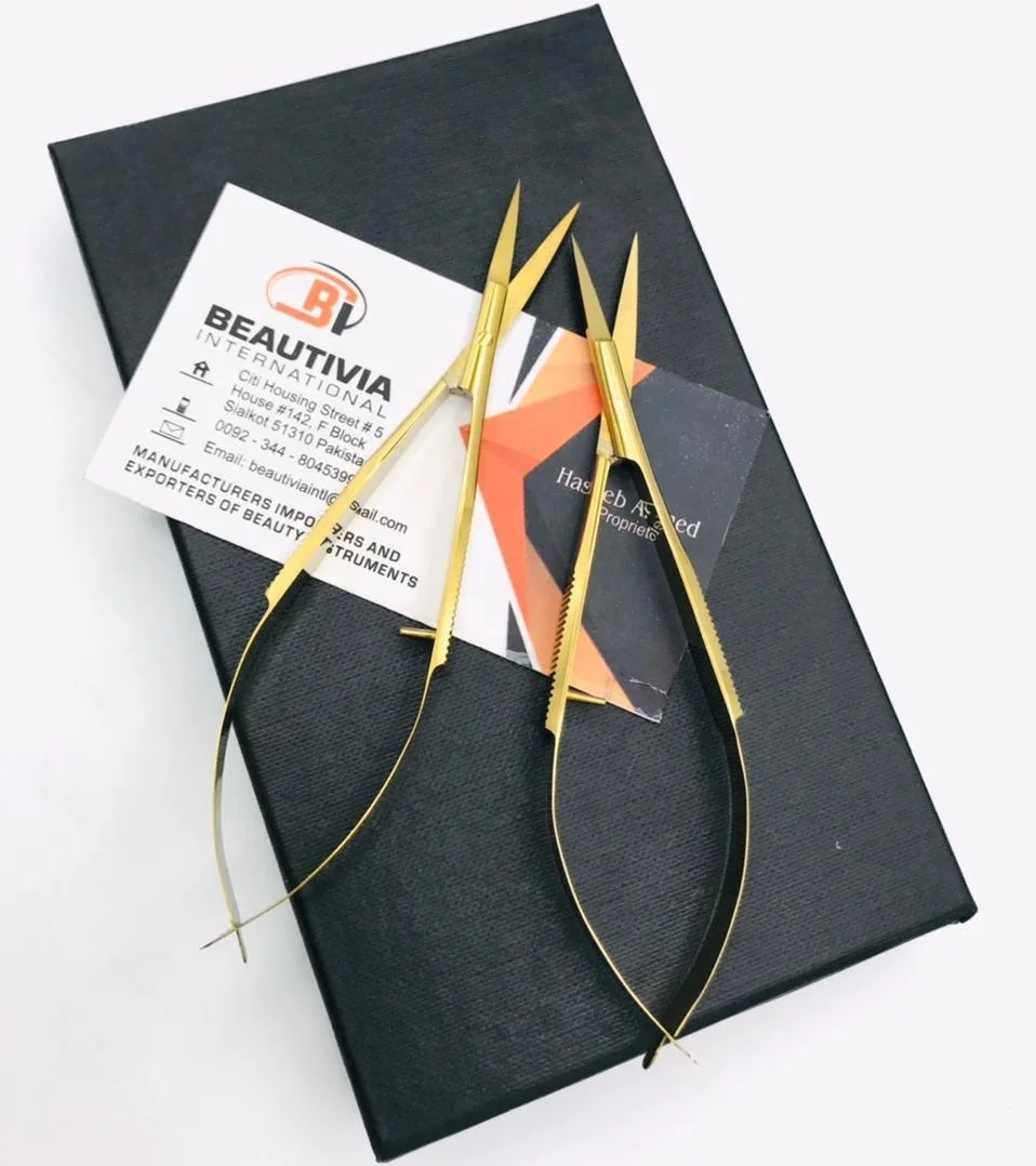 Gold Plasma Spring Scissors Extra Sharp Curved Stainless Steel Blade Russian Solid Cuticle Scissors for Nail Application
