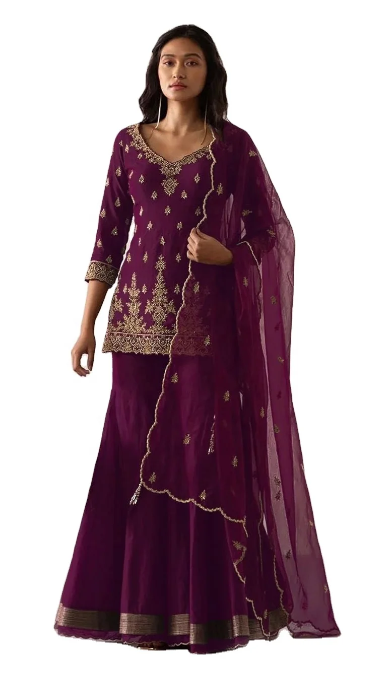 Hot Selling Indian and Pakistani Sharara Suit Georgette Embroidery Work Fancy Salwar Kameez Suit For Wedding Wear